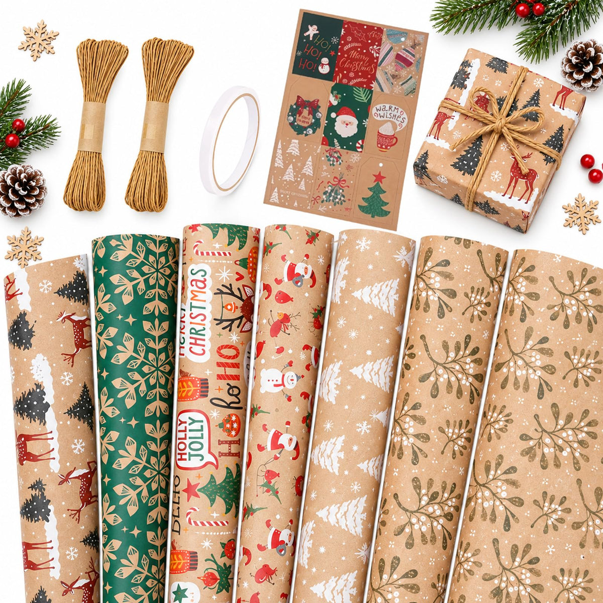 Christmas Wrapping Paper Set - 6 Rolls Holiday Gift Wrap Paper with Festive Designs for Gifts, Parties, DIY Crafts & Home Decor
