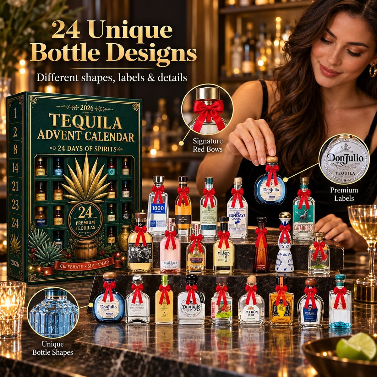 🌲🍸24-Day Mini Tequila Bottle Advent Blind Box for Holiday Celebration,🎁Bar Table Decor, Collector Gift & Family Countdown