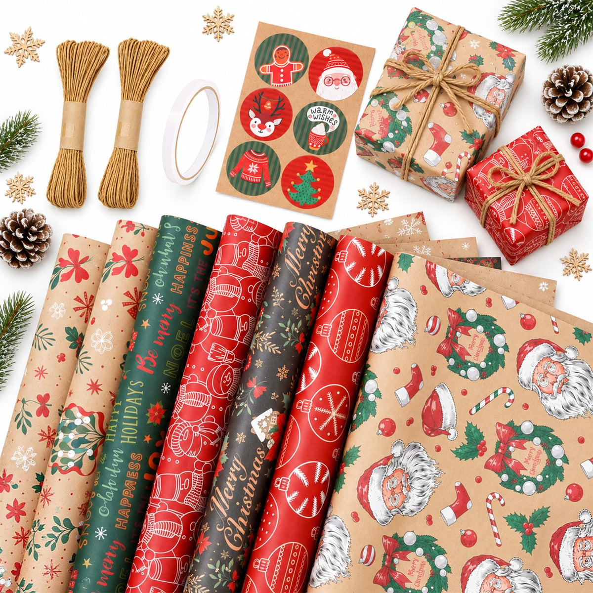 Christmas Wrapping Paper Set - 6 Rolls Holiday Gift Wrap Paper with Festive Designs for Gifts, Parties, DIY Crafts & Home Decor