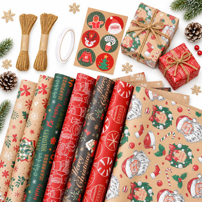 Christmas Wrapping Paper Set - 6 Rolls Holiday Gift Wrap Paper with Festive Designs for Gifts, Parties, DIY Crafts & Home Decor