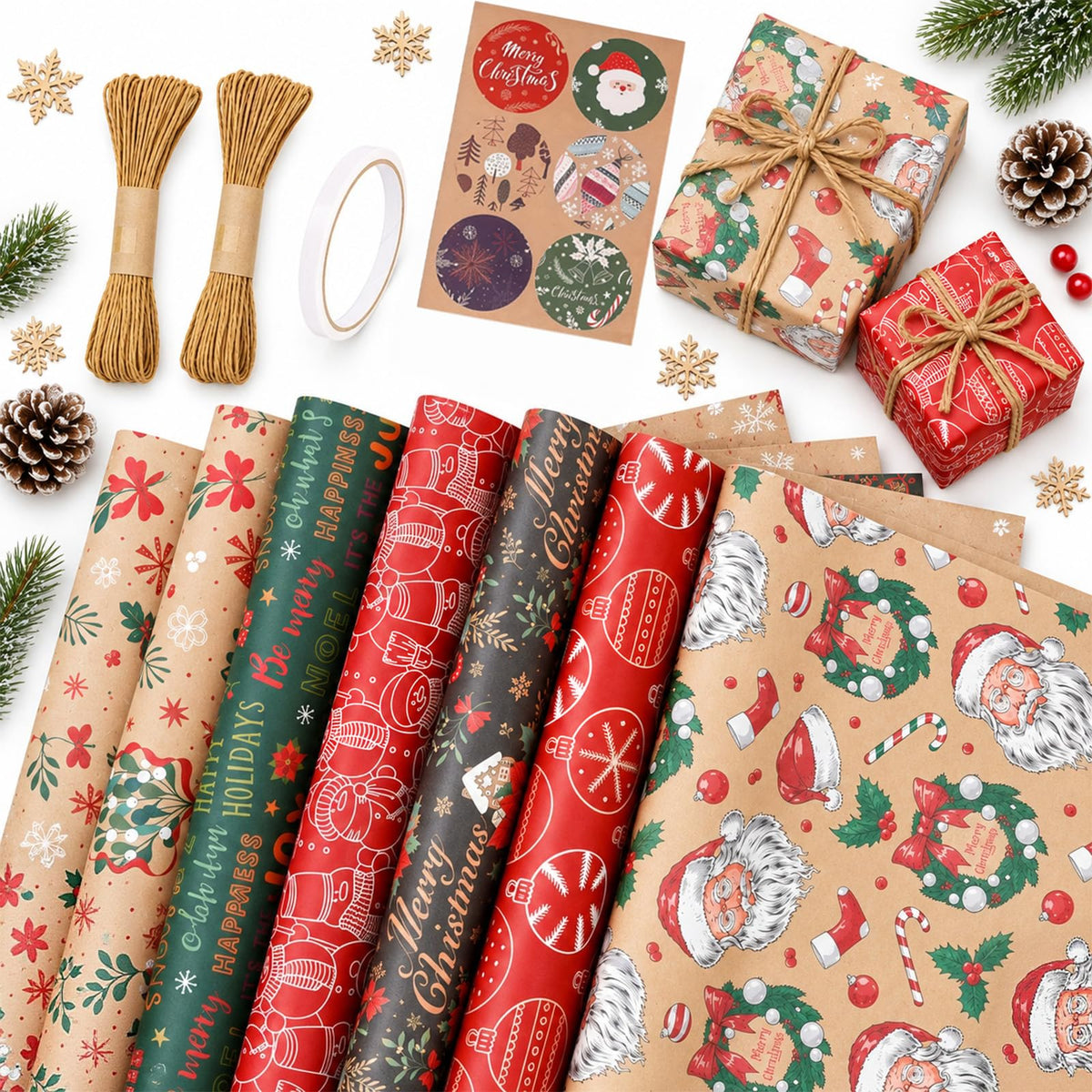 Christmas Wrapping Paper Set - 6 Rolls Holiday Gift Wrap Paper with Festive Designs for Gifts, Parties, DIY Crafts & Home Decor