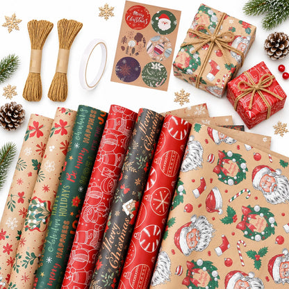Christmas Wrapping Paper Set - 6 Rolls Holiday Gift Wrap Paper with Festive Designs for Gifts, Parties, DIY Crafts & Home Decor