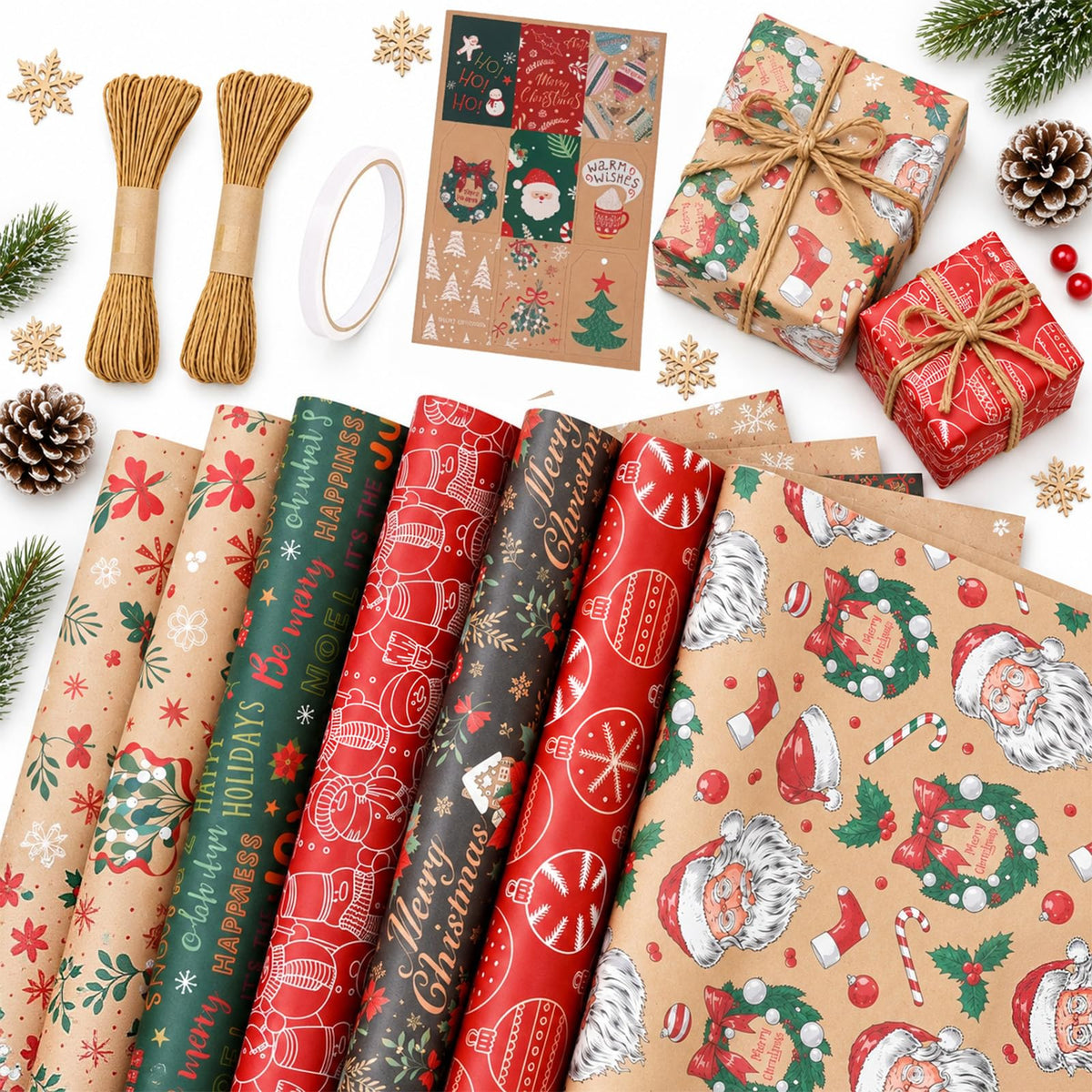 Christmas Wrapping Paper Set - 6 Rolls Holiday Gift Wrap Paper with Festive Designs for Gifts, Parties, DIY Crafts & Home Decor