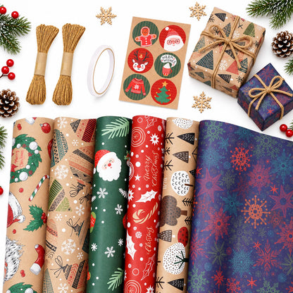 Christmas Wrapping Paper Set - 6 Rolls Holiday Gift Wrap Paper with Festive Designs for Gifts, Parties, DIY Crafts & Home Decor