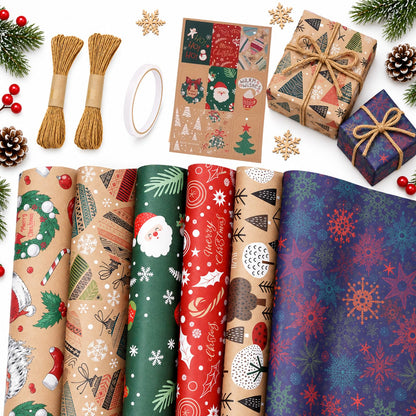 Christmas Wrapping Paper Set - 6 Rolls Holiday Gift Wrap Paper with Festive Designs for Gifts, Parties, DIY Crafts & Home Decor