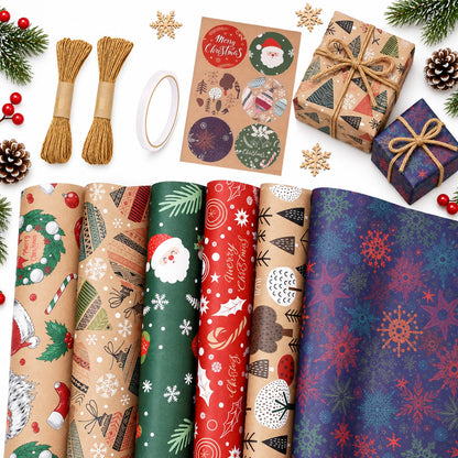 Christmas Wrapping Paper Set - 6 Rolls Holiday Gift Wrap Paper with Festive Designs for Gifts, Parties, DIY Crafts & Home Decor