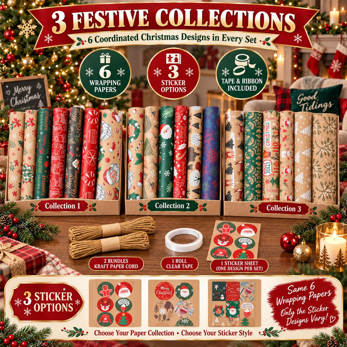 Christmas Wrapping Paper Set - 6 Rolls Holiday Gift Wrap Paper with Festive Designs for Gifts, Parties, DIY Crafts & Home Decor