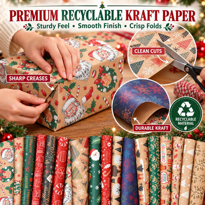 Christmas Wrapping Paper Set - 6 Rolls Holiday Gift Wrap Paper with Festive Designs for Gifts, Parties, DIY Crafts & Home Decor
