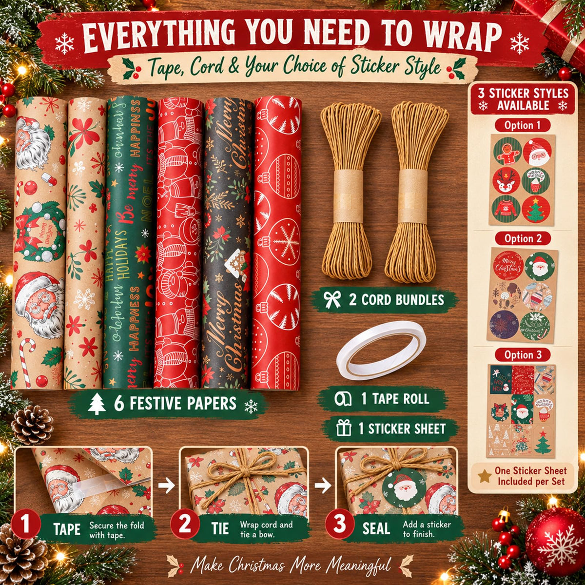 Christmas Wrapping Paper Set - 6 Rolls Holiday Gift Wrap Paper with Festive Designs for Gifts, Parties, DIY Crafts & Home Decor