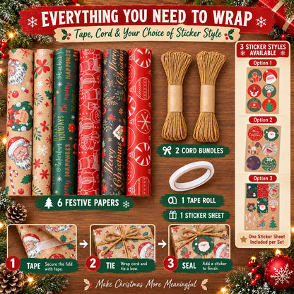 Christmas Wrapping Paper Set - 6 Rolls Holiday Gift Wrap Paper with Festive Designs for Gifts, Parties, DIY Crafts & Home Decor