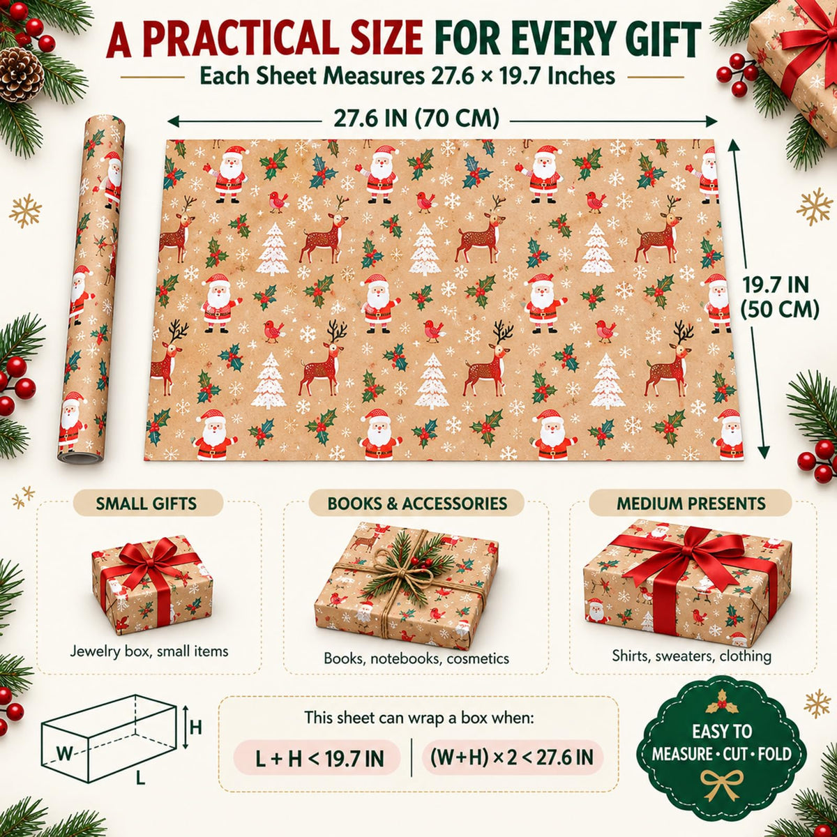 Christmas Wrapping Paper Set - 6 Rolls Holiday Gift Wrap Paper with Festive Designs for Gifts, Parties, DIY Crafts & Home Decor