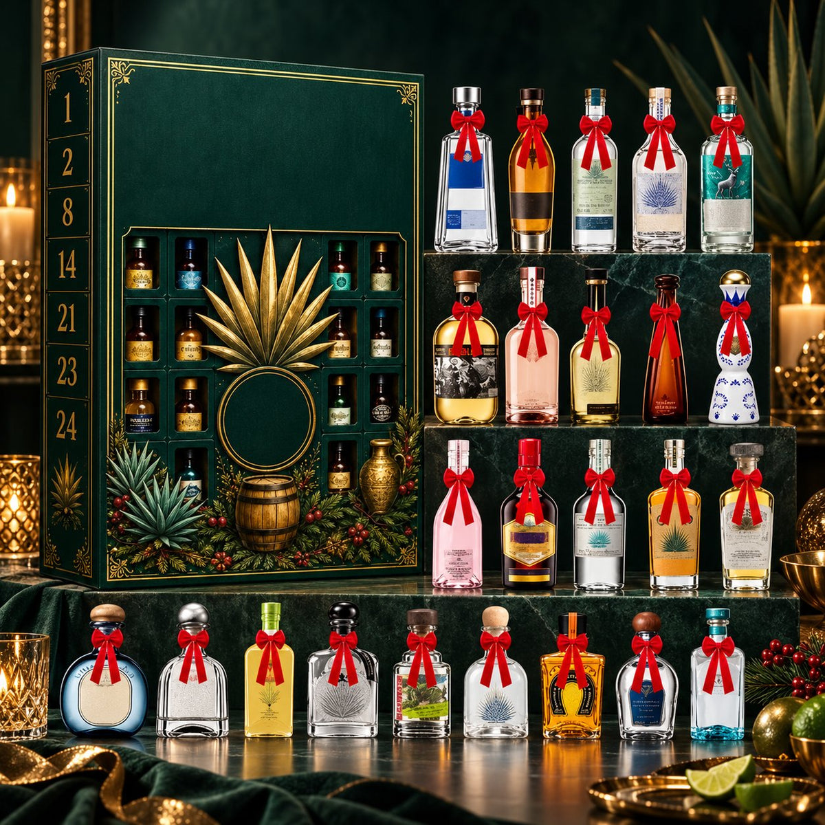🌲🍸24-Day Mini Tequila Bottle Advent Blind Box for Holiday Celebration,🎁Bar Table Decor, Collector Gift & Family Countdown