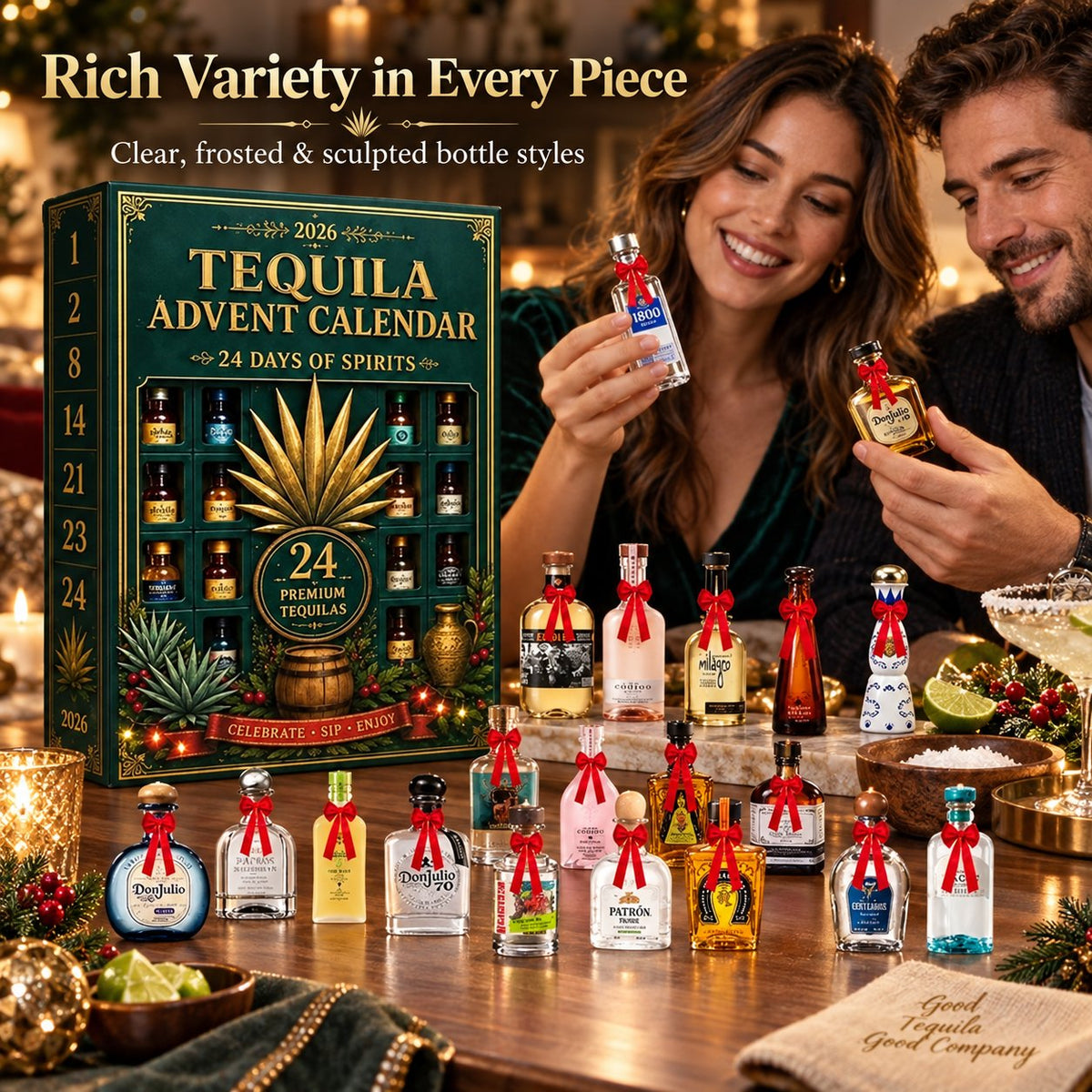 🌲🍸24-Day Mini Tequila Bottle Advent Blind Box for Holiday Celebration,🎁Bar Table Decor, Collector Gift & Family Countdown